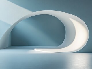 Poster - Modern Minimalist Interior Design Featuring Elegant Curved Form with Soft Light Casting Shadows in a Serene Blue Environment
