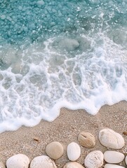 Fototapete - Close up view of smooth beach pebbles with gentle waves washing over them on a tranquil shoreline. Generative AI