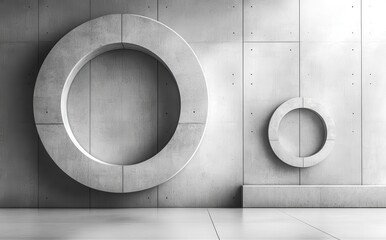 Poster - Modern Minimalist Interior with Circular Concrete Structures and Textured Walls Showcasing Contemporary Architectural Design Elements for Creative Spaces