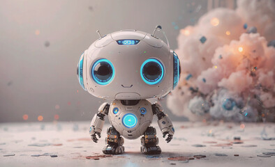 Aufkleber - A robot with blue eyes and a smile stands in front of a cloud of smoke. The robot is wearing a blue and white outfit and has a blue face. The scene is a mix of futuristic and surreal