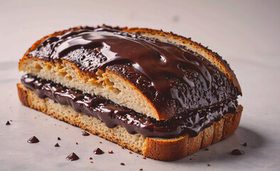 Poster - A chocolate covered sandwich with a chocolate drizzle. The sandwich is cut in half and placed on a white plate