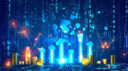 Poster - A sleek digital illustration of a financial bar chart with glowing upward arrows, golden coins, and cash stacks symbolizing market growth, set against a futuristic dark blue background with