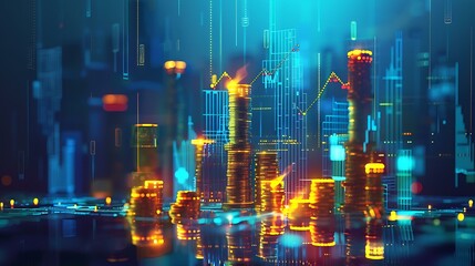 Poster - A sleek digital illustration of a financial bar chart with glowing upward arrows, golden coins, and cash stacks symbolizing market growth, set against a futuristic dark blue background with