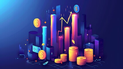 Poster - A sleek digital illustration of a financial bar chart with glowing upward arrows, golden coins, and cash stacks symbolizing market growth, set against a futuristic dark blue background with