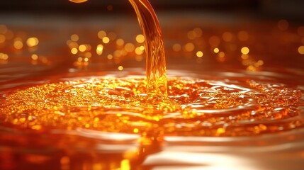 Canvas Print - Golden liquid pouring, creating ripples and bokeh.