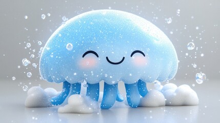 Poster - Cute light blue jellyfish character with happy expression surrounded by water drops and soft white clouds.