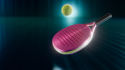 Poster - A vibrant pink racket paddle tennis and a green ball in motion, showcasing a dynamic sports scene. 3d rendering