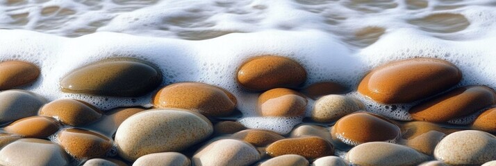 Poster - Close up of colorful smooth beach pebbles gently touched by ocean waves at a tranquil shoreline. Generative AI