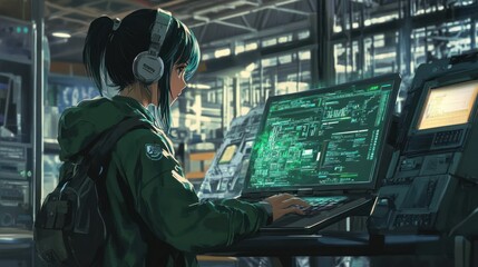 Poster - Anime Girl Coding in Tech-Filled Room