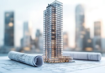 Aufkleber - Modern skyscraper model displayed on architectural blueprints with urban background, showcasing future development and innovative design concepts in construction