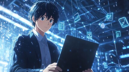 Young man laptop futuristic network data background