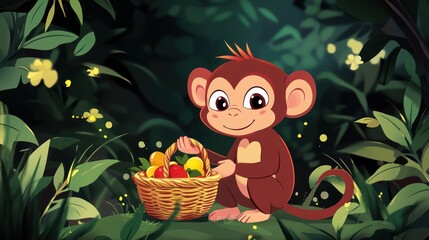 Poster - Cute monkey gathers fruits in a basket in a lush jungle setting.