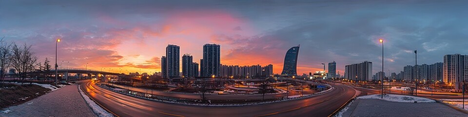 Wall Mural - A city skyline with a sunset in the background