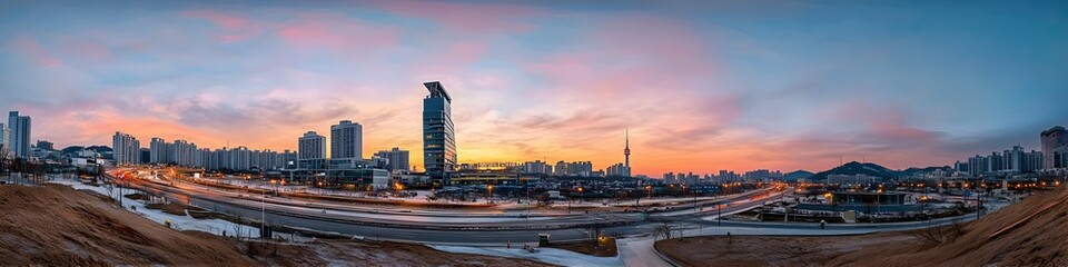 Wall Mural - A city skyline with a sunset in the background