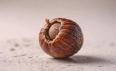 Poster - A nut is sitting on a table. The nut is brown and has a hole in it. The nut is not whole and is not in a shell