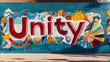 © ivlianna - Bright urban mural showcasing the word Unity with vibrant colors and diverse symbols of togetherness and community spirit