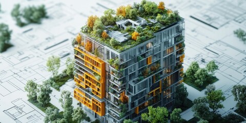 Modern Sustainable Architecture Featuring Lush Green Rooftop Garden in Urban Environment with Architectural Plans in Background