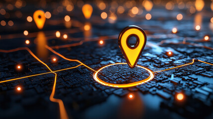 Fototapete - digital map with glowing markers highlighting locations, showcasing technology and navigation. vibrant colors create modern and engaging atmosphere