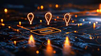 Fototapete - digital map with glowing location markers, showcasing technology and connectivity. vibrant colors and intricate details create futuristic atmosphere