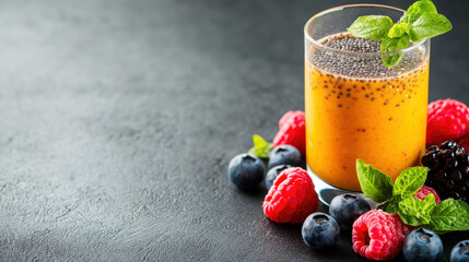 Poster - refreshing smoothie with chia seeds, surrounded by fresh berries and mint. Perfect for healthy breakfast or snack