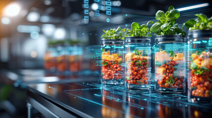 Leinwandbilder - modern kitchen with futuristic food storage jars filled with fresh produce, showcasing technology and sustainability. vibrant colors of ingredients highlight healthy living