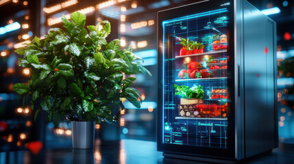 Poster - futuristic vending machine displaying fresh fruits and vegetables, surrounded by vibrant plant. sleek design and digital interface create modern atmosphere