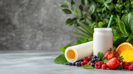 Poster - refreshing smoothie surrounded by fresh fruits and greens, showcasing healthy lifestyle. vibrant colors and natural elements create inviting atmosphere