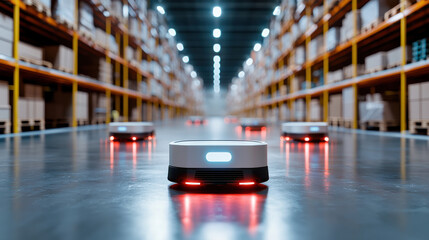 Fototapete - Automated robots navigating warehouse with bright lights and shelves