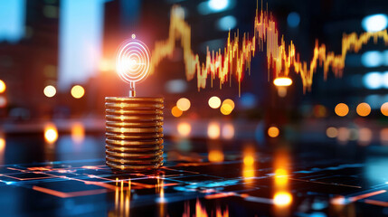 Fototapete - digital representation of financial growth with coins and data visualization, showcasing rise of investments and technology in modern cityscape