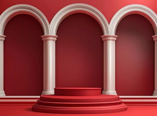 Poster - 3D vector red background with a podium and arches for product presentation, a mockup design template for advertising or showcase.