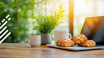 Poster - cozy morning scene featuring laptop, coffee, and fresh pastries on wooden table, surrounded by greenery, creating warm and inviting atmosphere