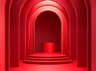 Poster - 3D vector red background with a podium and arches for product presentation, a mockup design template for advertising or showcase.