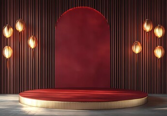Poster - A minimalist background design with red and gold colors, featuring an empty circular podium surrounded by golden lanterns on the left side of the stage.