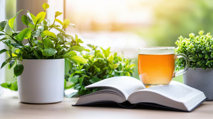 Poster - serene scene featuring cup of green tea on open book, surrounded by lush plants. warm sunlight enhances tranquil atmosphere, inviting relaxation and reflection
