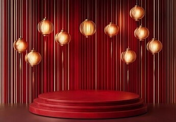 Poster - A minimalist background design with red and gold colors, featuring an empty circular podium surrounded by golden lanterns on the left side of the stage.