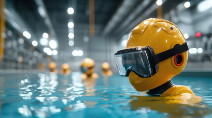 Fototapete - group of yellow robotic figures in pool, showcasing advanced technology and testing capabilities. scene highlights innovation and engineering in controlled environment