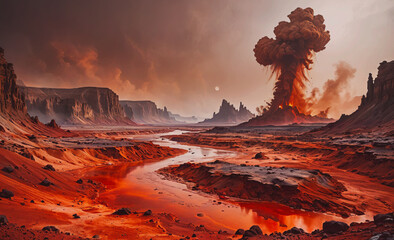 Poster - A red and orange landscape with a river running through it. The sky is dark and cloudy. The scene is desolate and barren