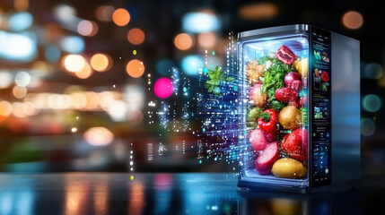 Poster - smart refrigerator filled with fresh fruits and vegetables, illuminated by colorful lights, showcasing modern technology and freshness