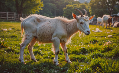 Poster - A goat is walking through a field of grass. The goat is the only animal in the field