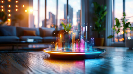 Aufkleber - futuristic AI powered smart city model displayed in modern living room, showcasing vibrant colors and advanced technology. scene evokes sense of innovation and comfort