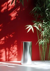 Poster - A silver cylindrical pedestal, red background wall with bamboo decoration, 3D rendering, minimalist style