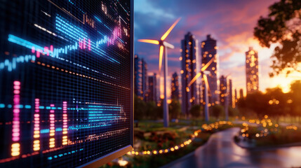 Poster - beautifully lit image of futuristic urban area featuring wind turbines, modern skyscrapers, and digital data displays. sunset creates vibrant atmosphere