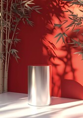 Poster - A silver cylindrical pedestal, red background wall with bamboo decoration, 3D rendering, minimalist style