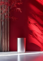 Poster - A silver cylindrical pedestal, red background wall with bamboo decoration, 3D rendering, minimalist style