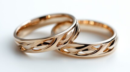 This image features two elegantly designed gold wedding bands, showcasing intricate patterns that symbolize love and commitment in a timeless manner.