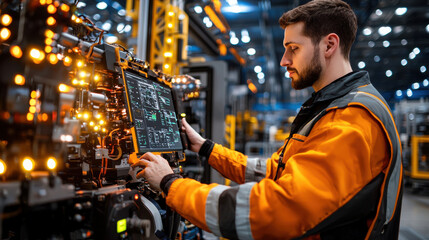 Aufkleber - focused engineer programming control panel in modern industrial setting, surrounded by machinery and illuminated by bright lights