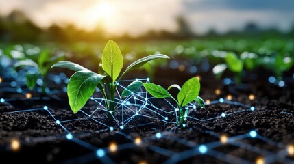 Aufkleber - Innovative technology meets nature in this vibrant scene of young plants growing in rich soil, symbolizing future of sustainable agriculture and digital farming