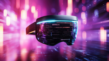 Leinwandbilder - Futuristic wearable device with glowing visor and digital effects, showcasing advanced technology and innovation in vibrant, colorful environment