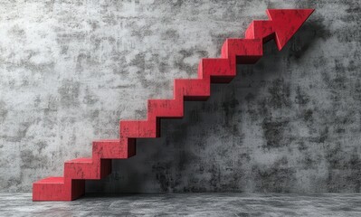 Poster - Red Arrow Stairs Representing Growth and Success Against a Textured Gray Wall in a Business and Financial Conceptual Environment