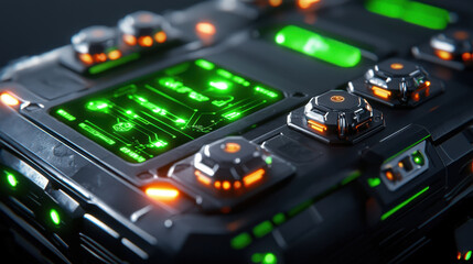 Poster - Advanced robotics technology with glowing green and orange buttons, showcasing intricate design and futuristic interface. This high tech device represents innovation and modern engineering